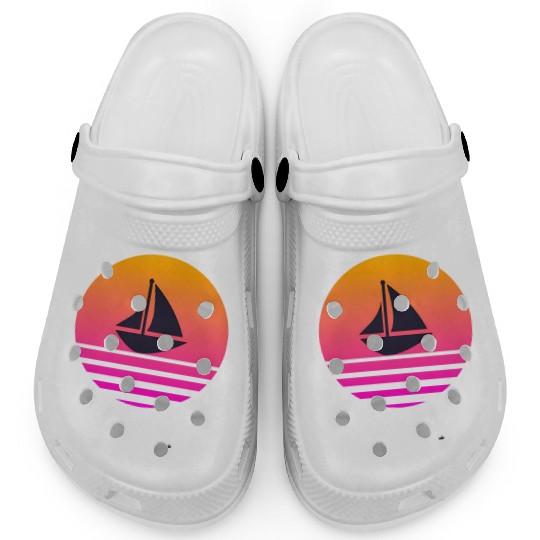 A boat with a retro sunset behind Clogs