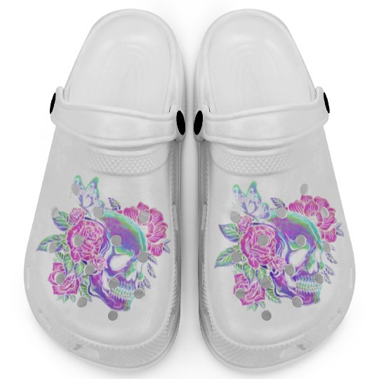 Skeleton Clogs, Neon Skull Roses Gothic Skeleton
