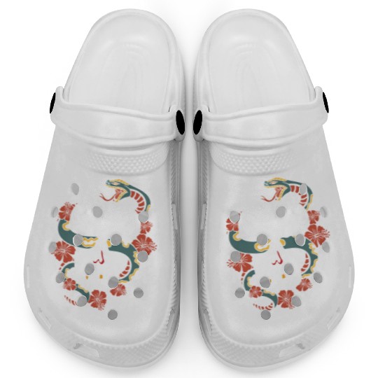 Human skull, snake and hibiscus flower. Clogs