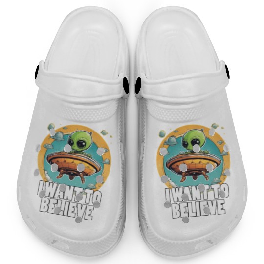 I WANT TO BELIEVE cute alien in spaceship Clogs