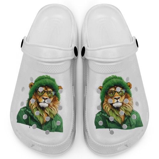 Lion fur green wearing beanie hat, glasses Clogs