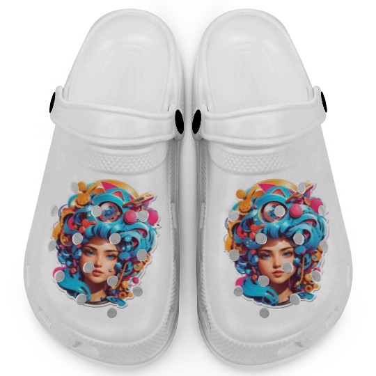 Psychedelic girl with multi color hair. futuristic Clogs