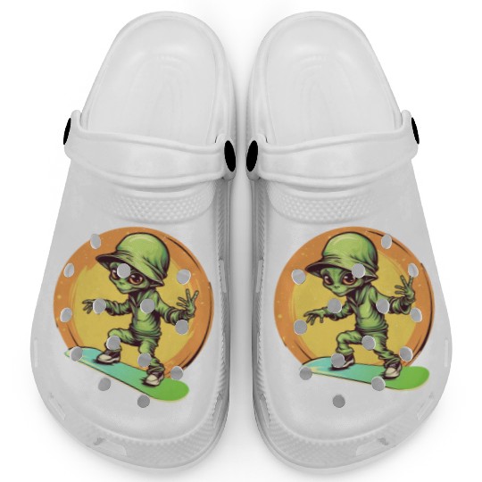 Alien on a Space Skateboard at Sunset Clogs