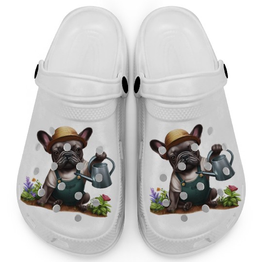 Frenchie Playing in the Garden Clogs
