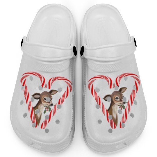 Baby Deer Peeking from Candy Cane Heart Clogs