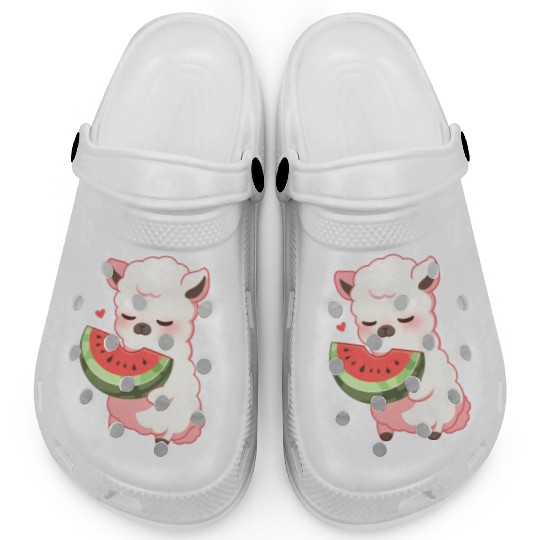 Adorable Kawaii Llama Savoring Sweet Watermelon Clogs