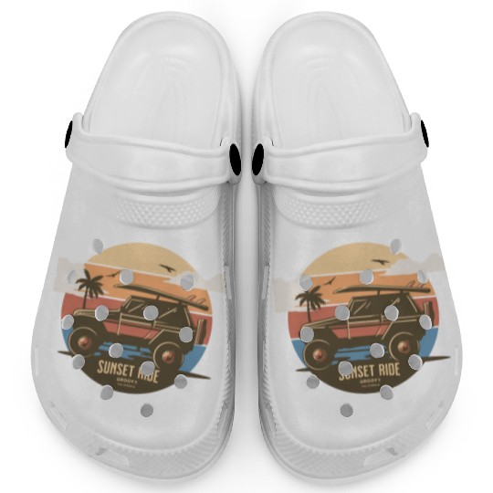 Sunset Ride - Beach Jeep - Groovy California T-Shi Clogs