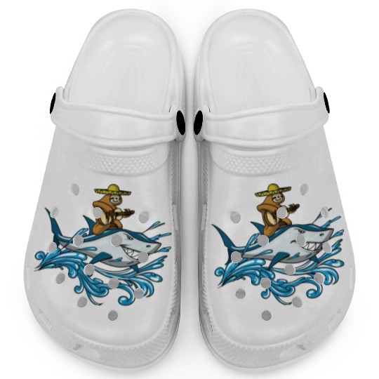 Lazy Sloth With Guitar Riding Shark Clogs