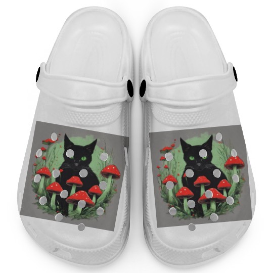 Black Cat and Wild Red Mushrooms Clogs