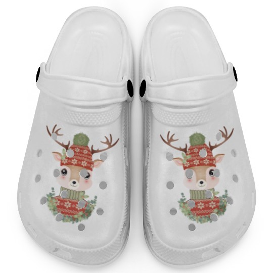 cute deer with sweater and Christmas wreath Clogs