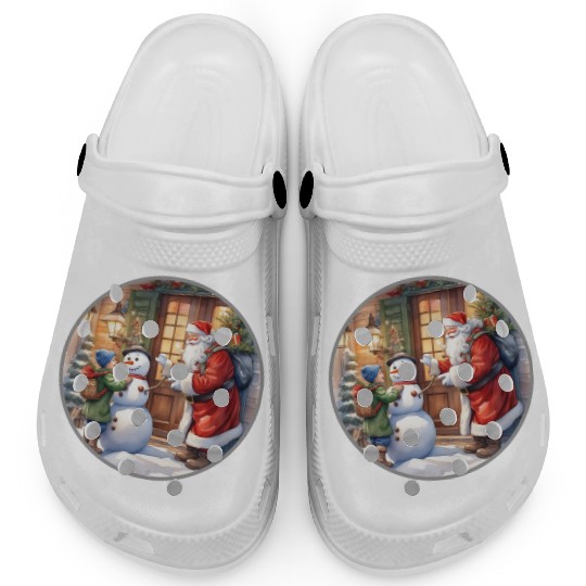 Santa Claus and a snowman distributes gifts. Clogs
