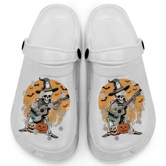 Spooky Serenade: Halloween Skeleton Playing Guitar Clogs