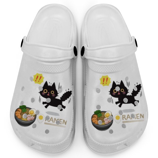 Surprised Ramen-Loving Black Cat Clogs