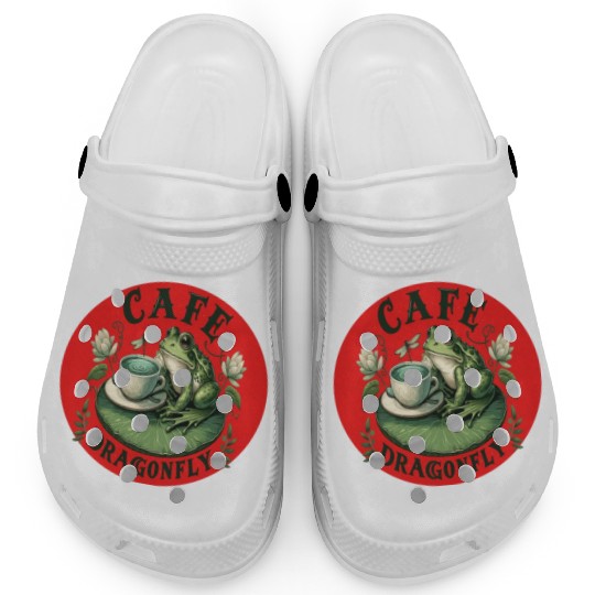 Cafe Dragonfly: Whimsical Serene Frog on Lily Pad Clogs