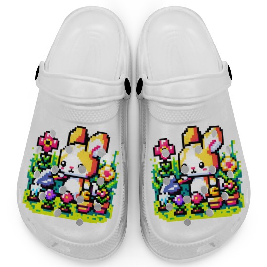 8-Bit Bunny Gardener: Retro Digital Garden Scene Clogs