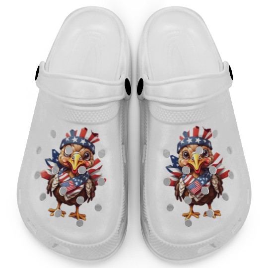 Feathered Patriot: Turkey in Stars & Stripes Clogs