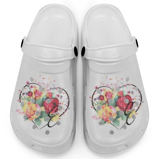 Letter E Monogram Floral Roses Heart Clogs