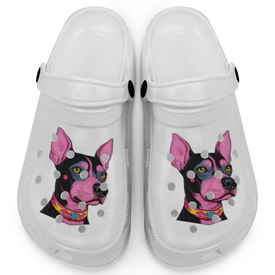 black and pink dog with yellow eyes Punk Rock Clogs
