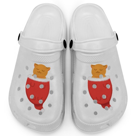 Lazy orange cat sleep in Santa hat Clogs