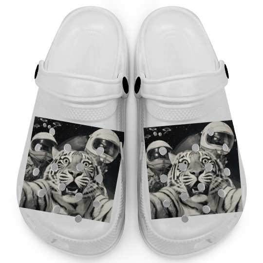 Funny Graphic Clogs Tiger Selfie with Alien UFOs
