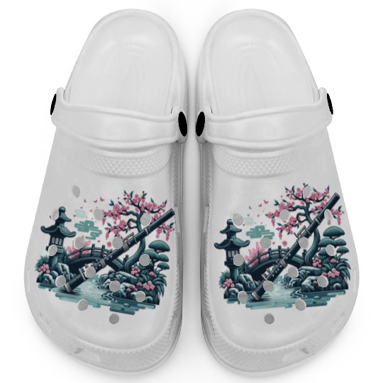 Shakuhachi in the Japanese garden Clogs