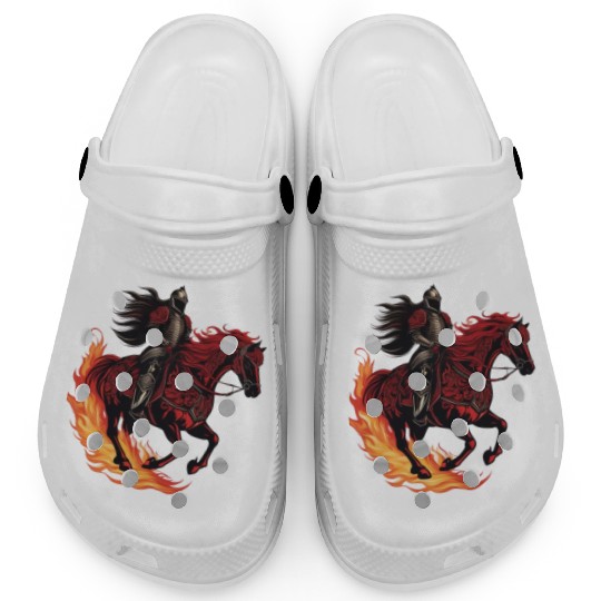 Flaming fantasy horse made out gothic armor Clogs