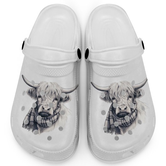 Adorable Highland Cow Wearing a Scarf Clogs