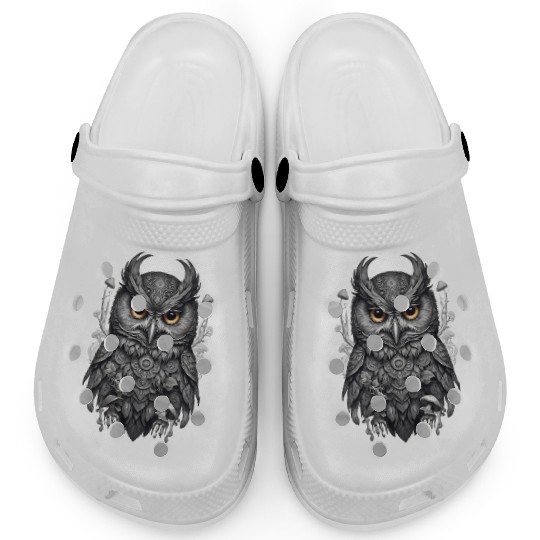 mythic black and white mandala owl Clogs