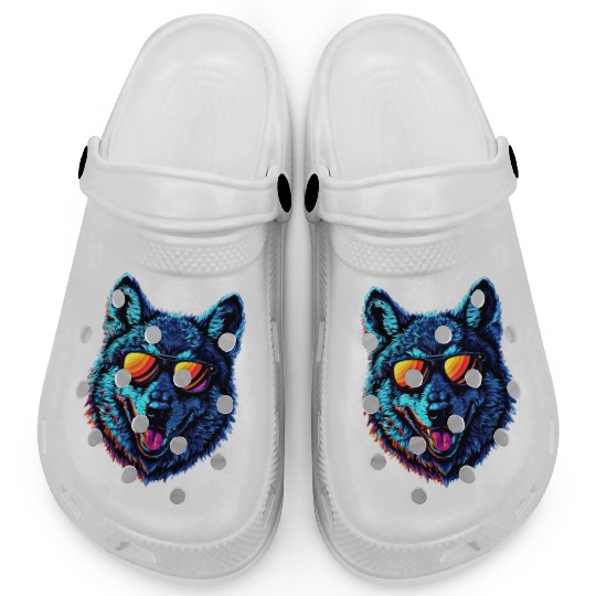 Cool Wolf Face Blue Wolf Wearing Sunglasses Clogs