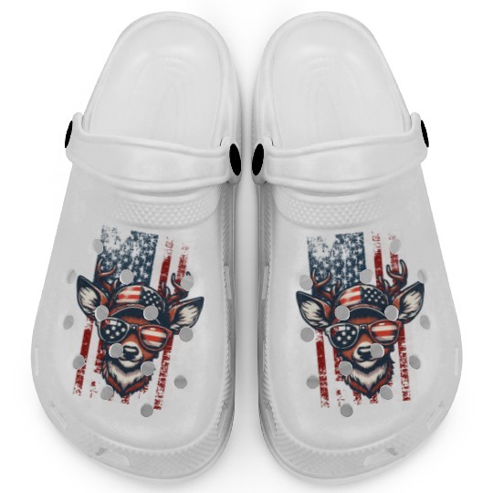 American Flag with Deer Wearing Sunglass Clogs