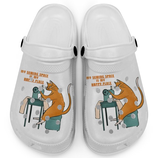 Retro Ginger Cat Using Sewing Machine - Vintage Clogs