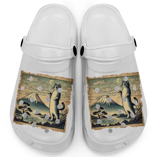 Mt. Fuji Kitten Papyrus Scroll Retro Japanese Art Clogs