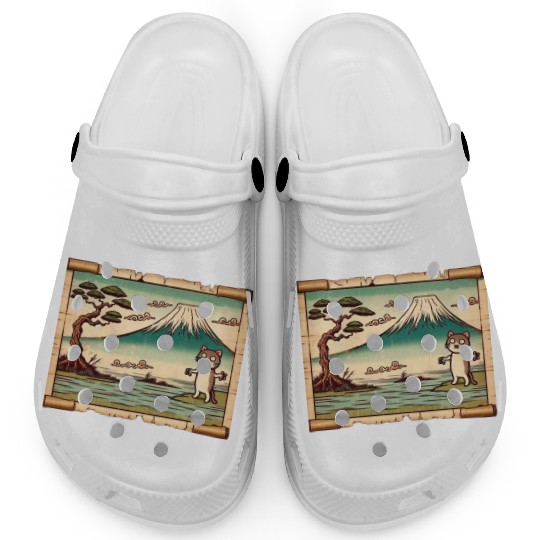 Mt. Fuji Kitten Papyrus Scroll Retro Japanese Art Clogs