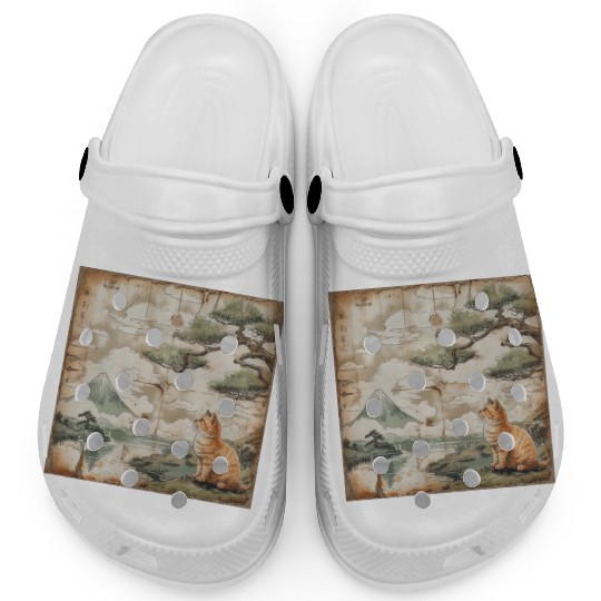 Mt. Fuji Kitten Papyrus Scroll Retro Japanese Art Clogs