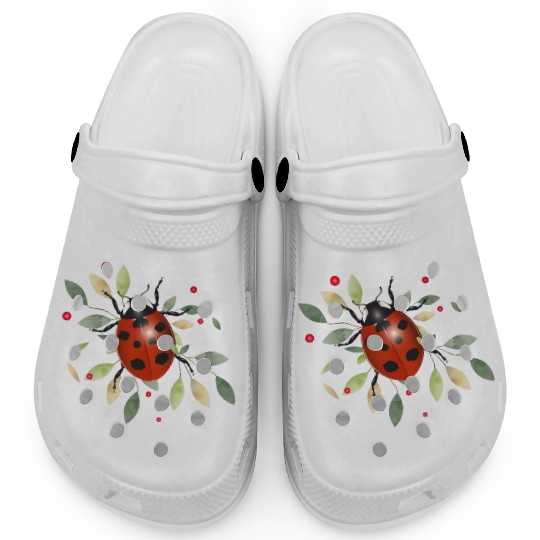 red glowing ladybug with green leaves Clogs