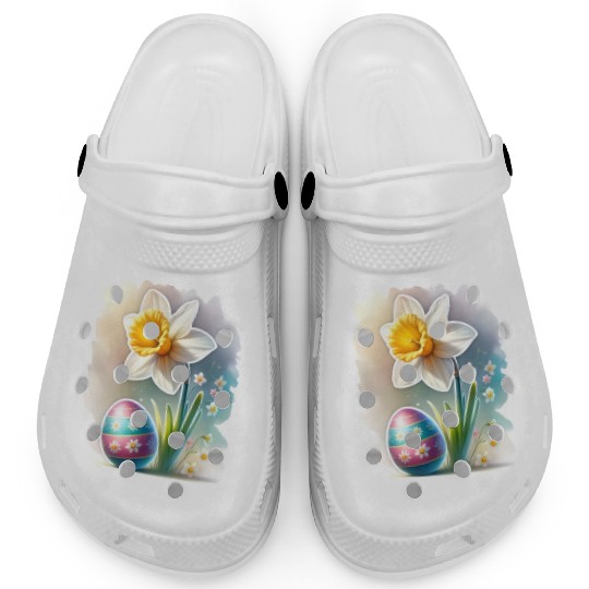 A Beautiful Daffodil With an Easter Egg Clogs