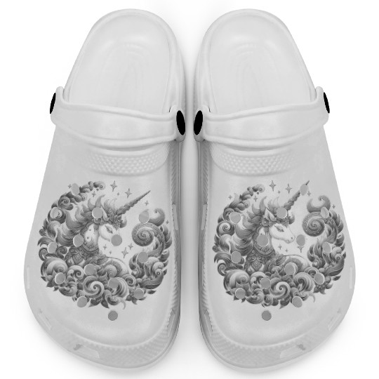 A unicorn black and white with a delicate pattern. Clogs