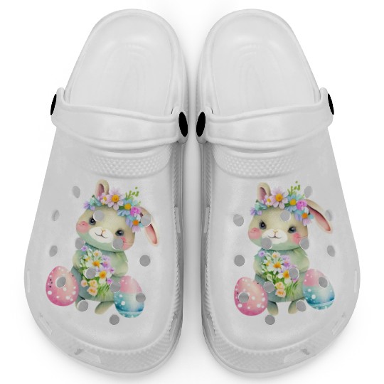 Cute Easter Bunny with Flowers. Watercolor Clogs
