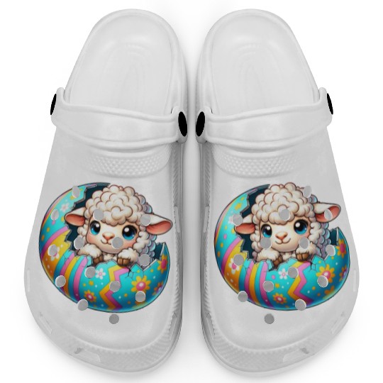 Colorful Lamb Hatching from Easter Egg Cartoon Clogs