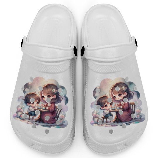 Mother and Son Enjoying a Cozy Tea Party Clogs