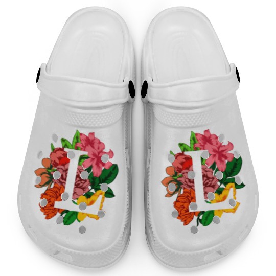 Capital letter L monogram with peony, lily flowers Clogs