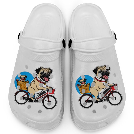 Comical Pug: Effortful Bike Ride Clogs