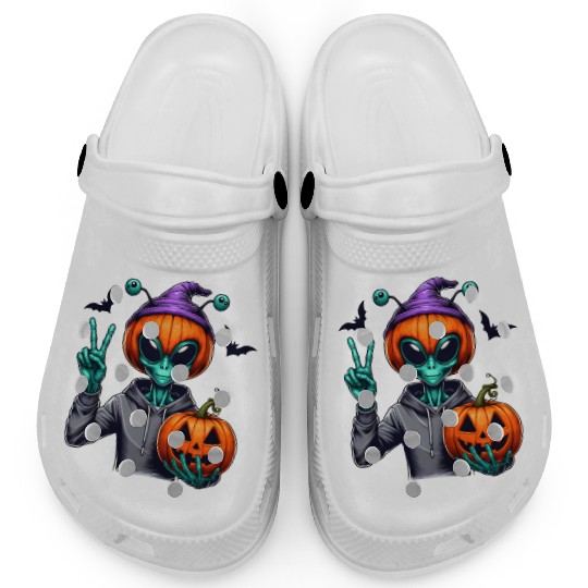 Peaceful alien with Halloween pumpkin Clogs