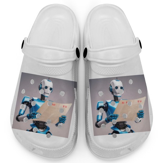 Robot Reading AI Act by EU Clogs