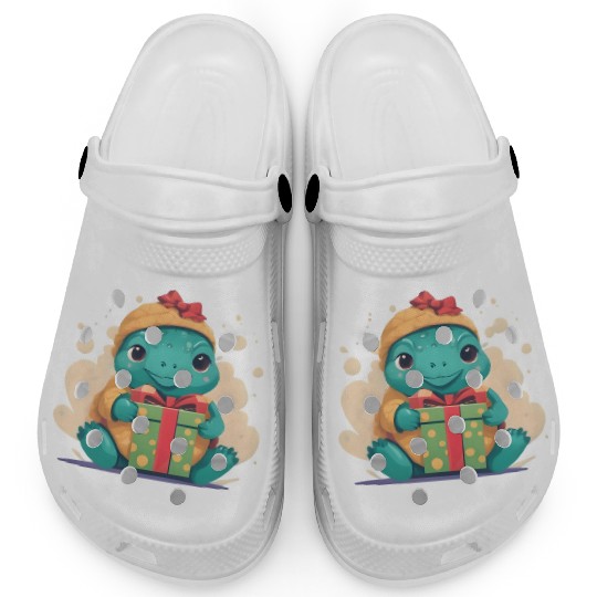 Cute Little Green Turtle Holding a Gift Clogs
