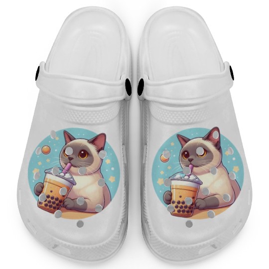 Siamese cat having bubble tea Clogs