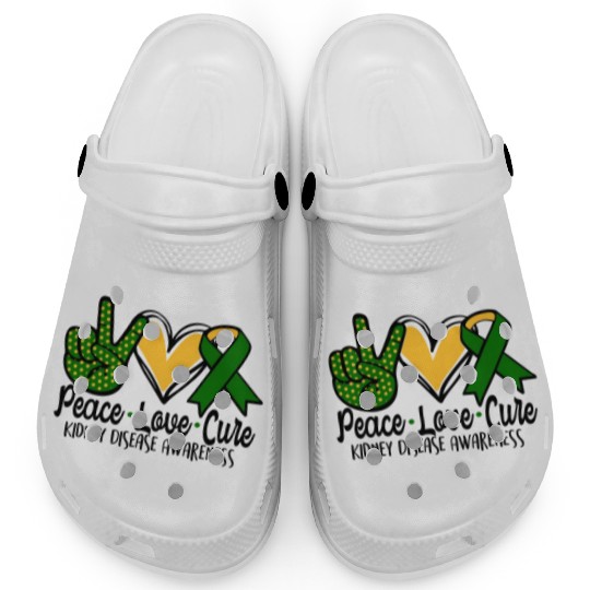 Peace Love Cure ney Disease Awareness March Green Clogs