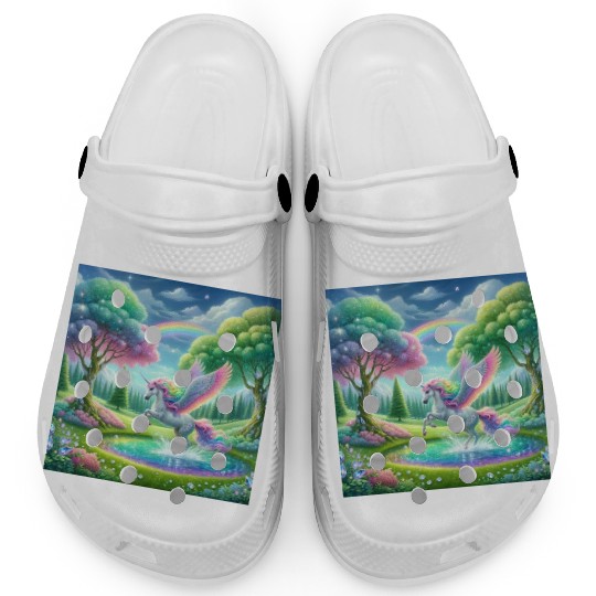 Enchanted Rainbow Unicorn Over Sparkling Pond Clogs