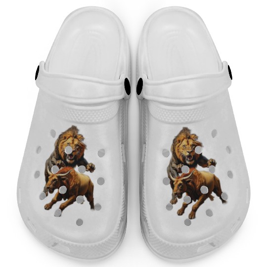painting of a lion chasing a bull Clogs