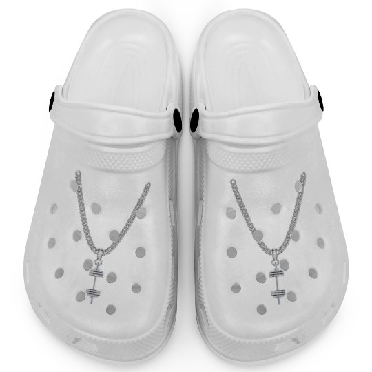 A silver Necklace with a silver Dumbbell Pendant Clogs